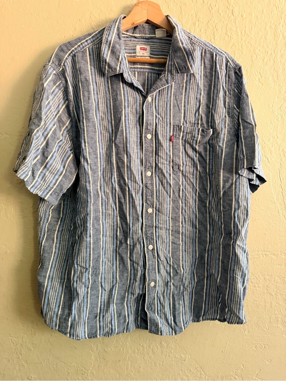 Levi's Navy and White Vertical-Stripe Short-Sleeve Button-Down Linen Blend Shirt